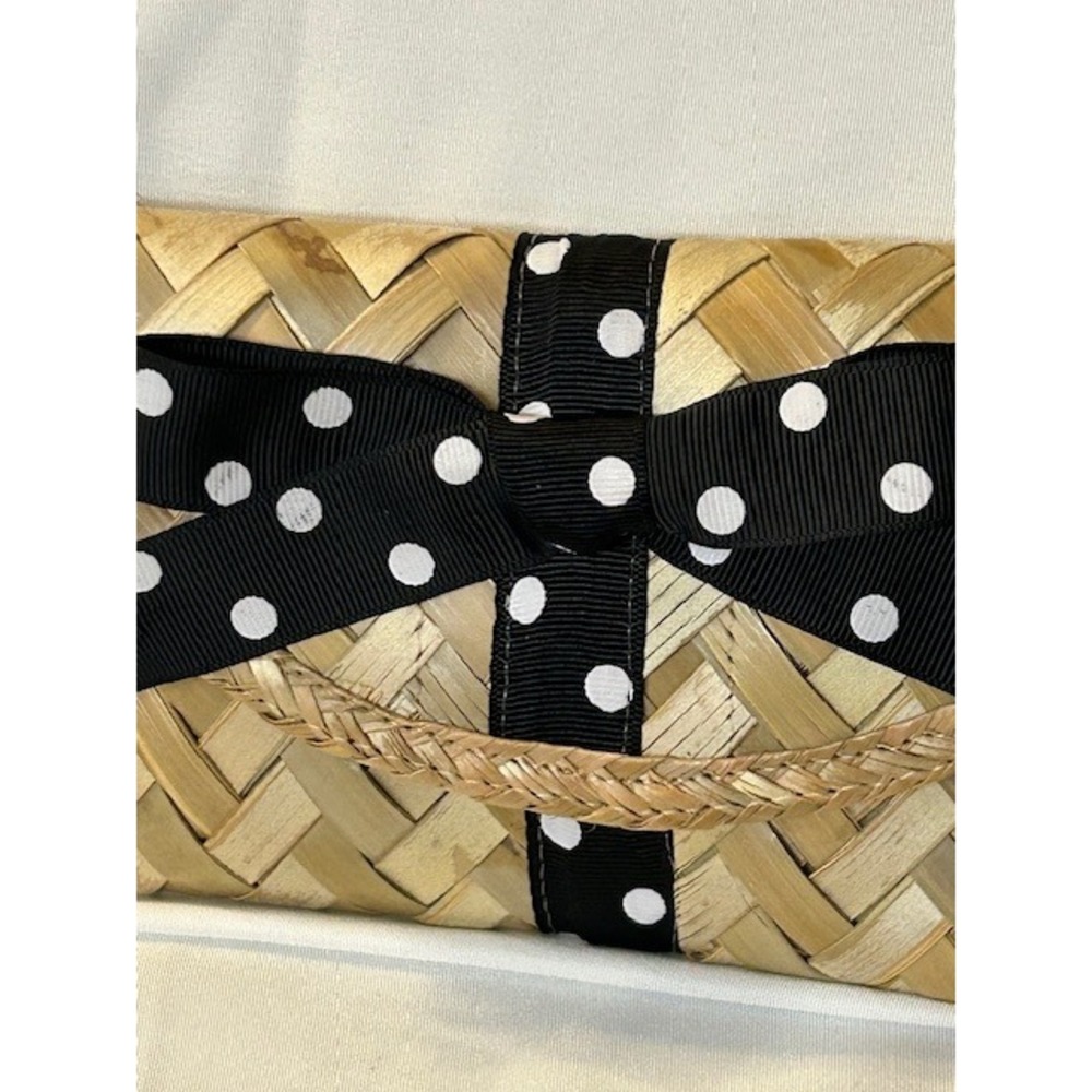 Vintage Depre Bahamas Straw Woven Clutch Black Polka Dot Bow Envelope Style - Picture 11 of 14